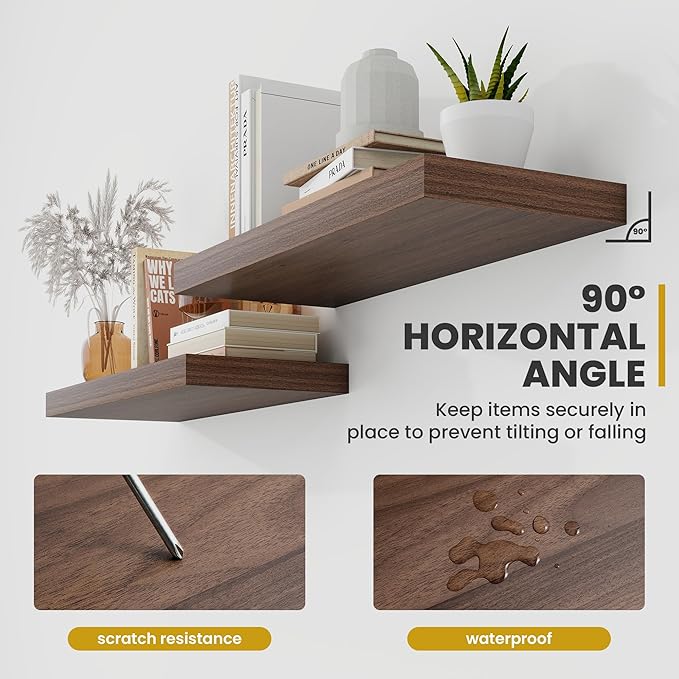 16 Inch Floating Shelves, 9.3" Deep Floating Shelf Wall Mounted, 16" Wall Shelves, Rustic Deep Bookshelf, Large Display Shelves & Storage Shelves for Bedroom, Living Room, Walnut, Set of 2