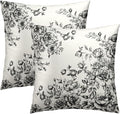 Vintage Floral Throw Pillow Covers 16x16, 2Pcs Set Black White Flowers Leaves Chinoiserie Decorative Pillow Cases Cotton Square Cushion Cover for Bed Sofa Farmhouse Home Decor