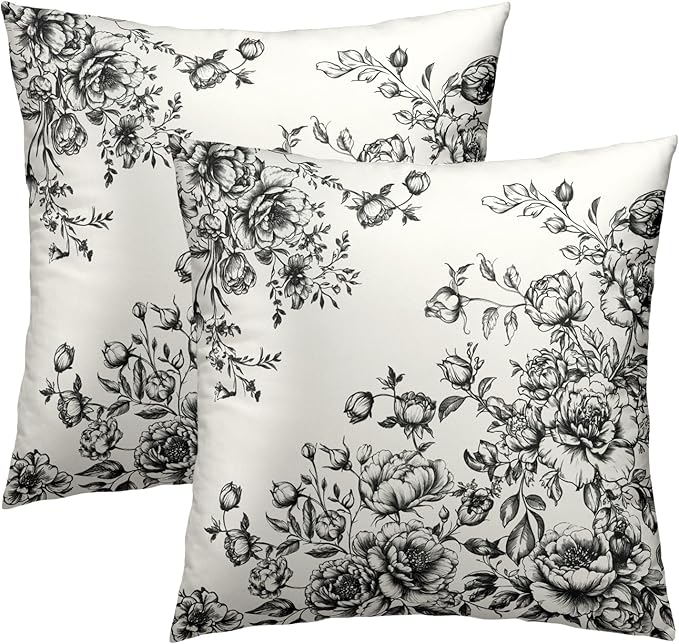 Vintage Flower Pillow Covers 22x22 Inch Set of 2 Black White Chinoiserie Floral Rustic Farmhouse Square Pillowcases Cotton Cushion Cover for Couch Patio Sofa Bed Home Decoration