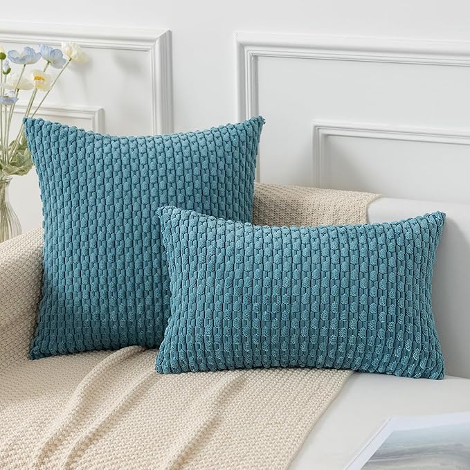 Kevin Textile Throw Pillow Covers Soft Corduroy Decorative Set of 2 Boho Striped Pillow Covers Pillowcases Farmhouse Home Decor for Couch Bed Sofa Living Room 24x24 Inch Light Blue