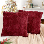 Christmas Pillow Covers 18x18, Soft Faux Rabbit Fur Throw Pillow Covers with 3D Embroidery Christmas Tree and Snowflake Design for Winter Holiday Home Decor, Couch Sofa Bedroom, Red