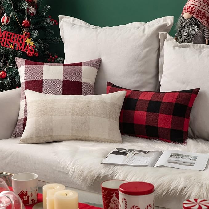 MIULEE Pack of 2 Christmas Classic Farmhouse Buffalo Check Plaids Polyester Linen Soft Solid Black and Red Decorative Porch Throw Pillow Covers Home Decor Cushion Case for Sofa Bedroom 12 x 20 Inch