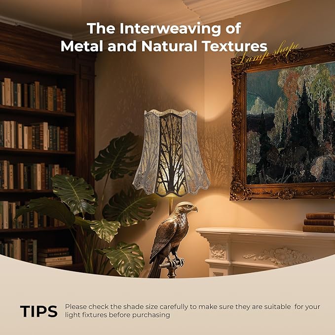 Etched Court Style Metal Lamp Shade, Large Upper and Lower Wave Lampshade with Forest Tree Pattern, 10"Top x 16" Bottom x 14.75" High, lron Cover shade for Table Lamps, Floor Lamps (Bronze & Gold)