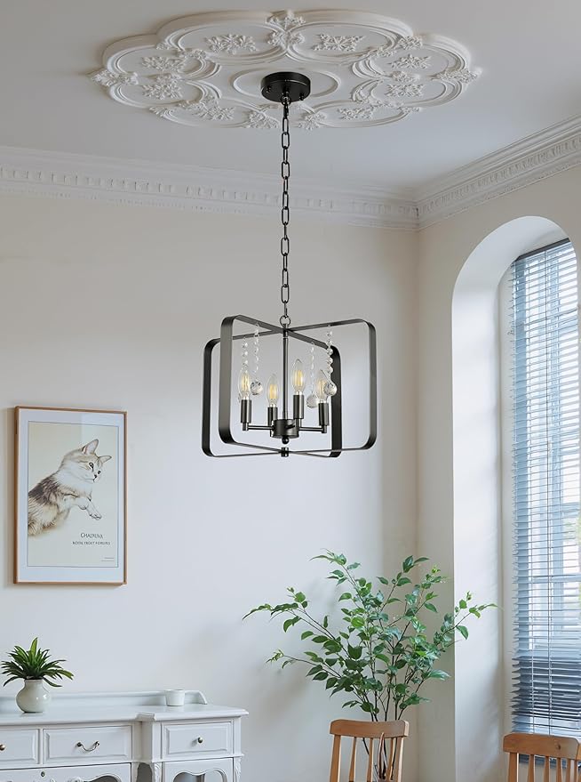 Farmhouse Crystal Chandelier,18 Inch Modern Geometric Rustic Vintage Hanging Pendant Ceiling Light Fixture for Dining Room Bedroom Kitchen Island Hallway Foyer Entryway