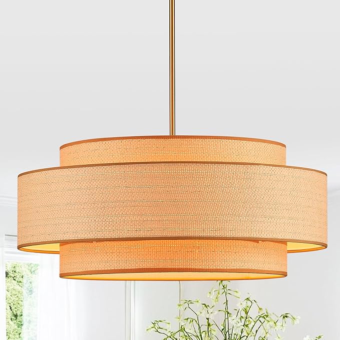 Farmhouse 23.6" Large Drum Rattan Chandelier 6-Lights Vintage Boho Rattan Chandelier Retro Vintage Bamboo Drum Chandeliers for Dining Room, Kitchen Island, Living Room, Bedroom
