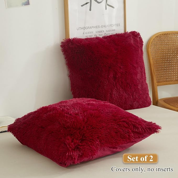 XeGe Faux Fur Throw Pillow Covers, Luxury Fluffy Plush Pillow Shams, Shaggy Decorative Pillow Cushion Cover for Sofa Bed Couch with Zipper Closure, Pack of 2 (18''x18'', Red)