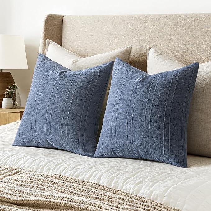 MIULEE Decorative Linen Check Throw Pillow Covers Neutral Farmhouse Vintage Pillow Covers 18x18 Set of 2 Boho Modern Home Decor for Sofa Couch Bedroom Cushion Blue