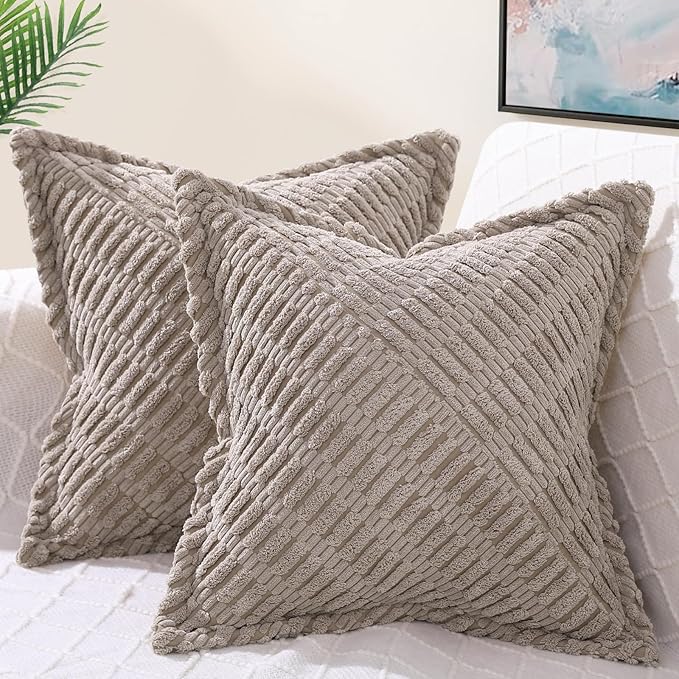 decorUhome Decorative Khaki Throw Pillow Covers 26x26 Set of 2 with Splicing, Boho Soft Neutral Corduroy Broadside Twill Pillow Covers for Couch Bed Sofa Living Room