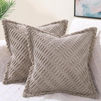decorUhome Decorative Khaki Throw Pillow Covers 24x24 Set of 2 with Splicing, Boho Soft Neutral Corduroy Broadside Twill Pillow Covers for Couch Bed Sofa Living Room