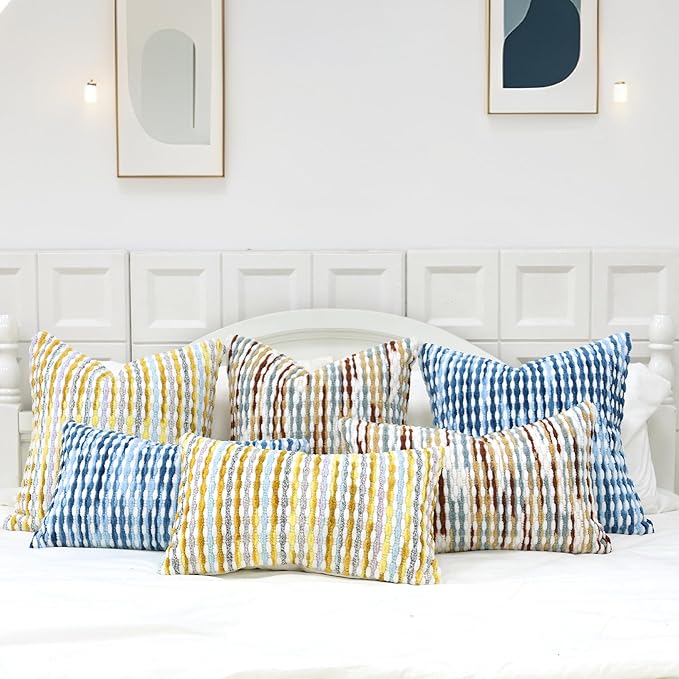Boho Decorative Throw Pillow Covers 12x20 Inch, Chenille Tufted Pillow Cover Striped Textured Lumbar Farmhouse Accent Pillowcase for Couch Sofa Bedroom Living Room, Yellow White Stripe 1 Pack