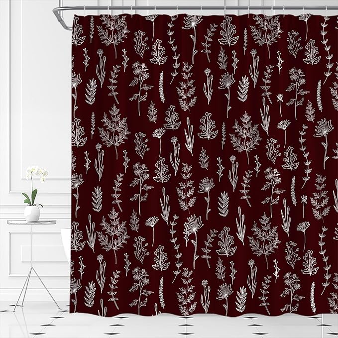 Burgundy Red Botanical Shower Curtain Vintage Herbs Floral Farmhouse Cute Boho Leaves Plant Retro Flowers Bathroom Curtain Set with Hooks(70" Wx74.8 H)