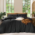 MooMee Bedding Duvet Cover Set 100% Washed Cotton Linen Like Textured Breathable Durable Soft Comfy (Solid Black, Cal King 104"x98")