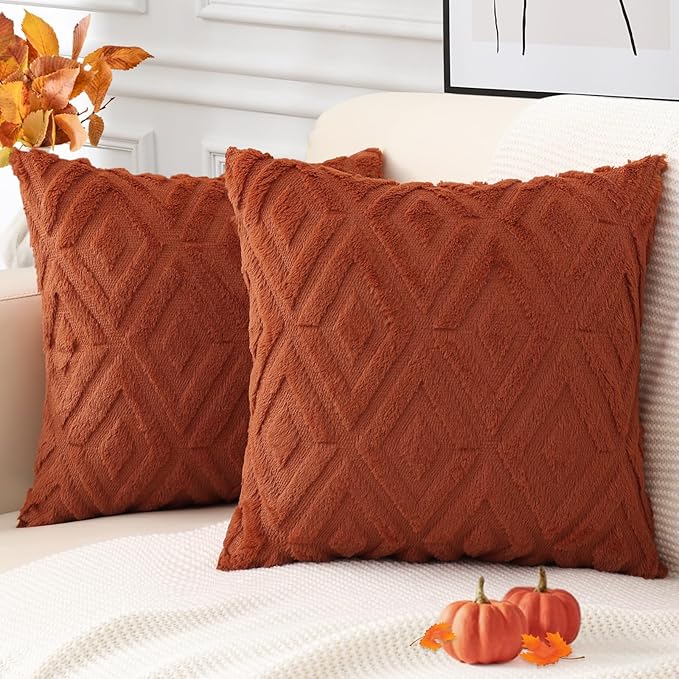 Pallene Rust Throw Pillow Covers 18x18 Set of 2, Soft Plush Faux Fur Decorative Couch Pillow Covers for Sofa Bed Living Room Pillow Cases with 3D Diamond Pattern