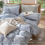 MooMee Bedding Duvet Cover Set 100% Washed Cotton Linen Like Textured Breathable Durable Soft Comfy (Heathered Cornflower Blue, Super King Plus 120"x120")