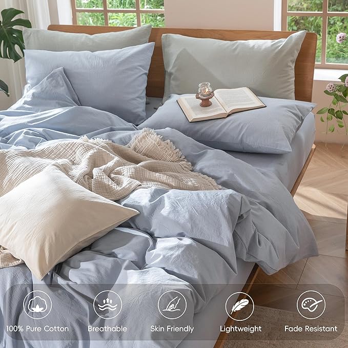 MooMee Bedding Duvet Cover Set 100% Washed Cotton Linen Like Textured Breathable Durable Soft Comfy (Heathered Cornflower Blue, Super King Plus 120"x120")