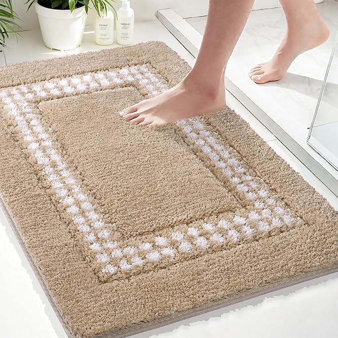 Beige Bathroom Rugs 20x31, Non Slip Washable Bath Mats,Super Soft Microfiber Bathroom Mats, Plush Fluffy Absorbent Bath Rugs for Sink Tub Basin Shower Floor,Beige