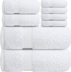 Infinitee Xclusives Luxury 100% Cotton Towel Set – 8 Piece Bathroom Towel Set (2 Bath Towels, 2 Hand Towels, 4 Washcloths) – Soft & Absorbent Towels for Bathroom (Brilliant White)