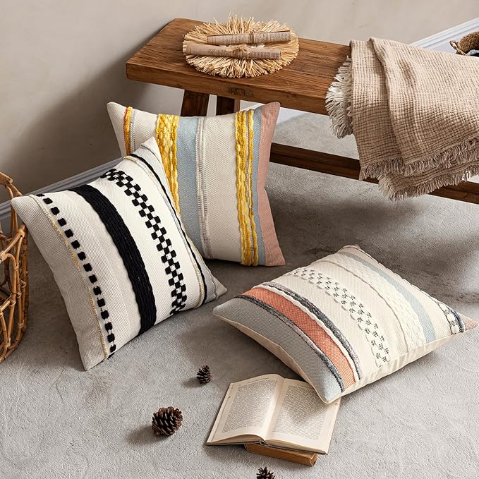 ANRODUO Pack of 2 Boho Decorative Throw Pillow Covers 18x18 Farmhouse Cushion Case Striped Chenille Pillow Cases Square Pillow Covers Accent Neutral Pillowcase for Sofa Couch Bed Fall, Yellow Stripe