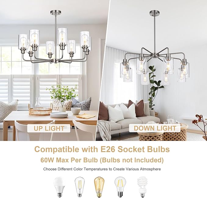 8-Light Brushed Nickel Chandelier with Clear Glass Shades, E26 Base Modern Pendant Light Fixture, Adjustable Swivel Heads Ceiling Lighting, Farmhouse Chandelier for Dining Room Kitchen Hallway