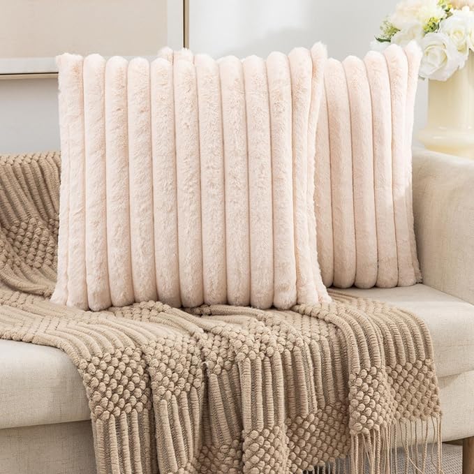 ZLINA Set of 2 Beige Faux Fur Decorative Throw Pillow Covers Fluffy Striped Pillowcase Cushion Covers 16 x 16 Inch Decor Sofa Couch Bedroom
