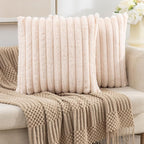 ZLINA Set of 2 Beige Faux Fur Decorative Throw Pillow Covers Fluffy Striped Pillowcase Cushion Covers 16 x 16 Inch Decor Sofa Couch Bedroom