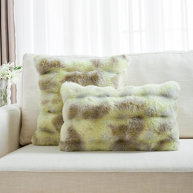 FUTEI Green White Decorative Throw Pillow Covers 20x20 Inch Set of 2,Soft Fuzzy Faux Rabbit Fur Cushion Covers with Raised Texture,Neutral Boho Home Decor for Couch Bed Living Room