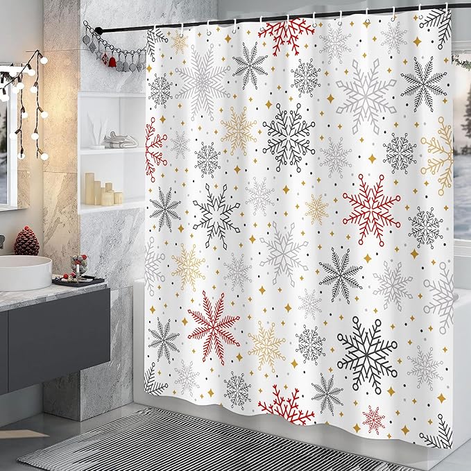 Winter Snowflakes Shower Curtain for Christmas Bathroom Decorations, Cute Xmas Snowflake Red Grey White Golden Shower Curtain Set, Fabric Silver Glitter Sparkle Merry Xmas Holiday Shower Curtain 72X72