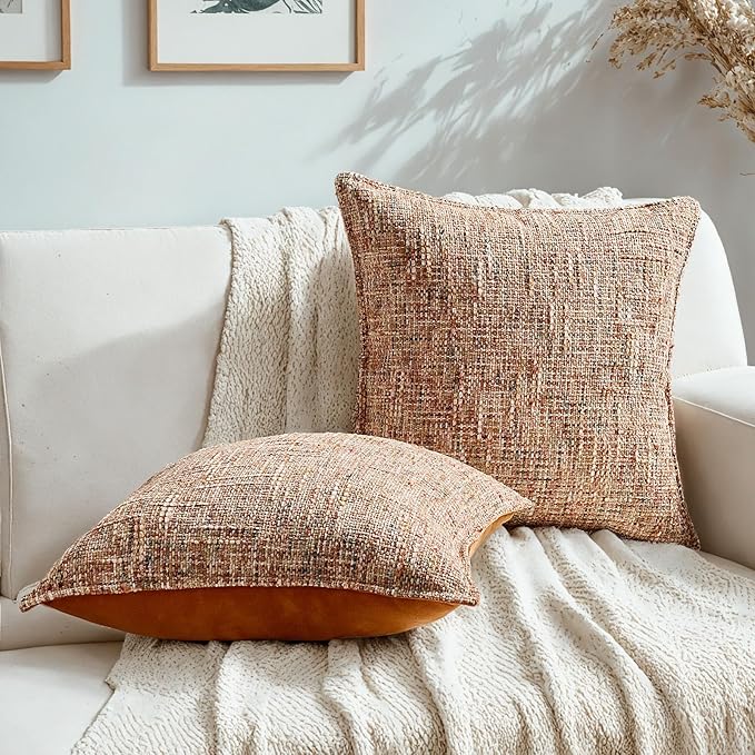 HAUSSY Rust Throw Pillow Covers 26x26 Set of 2 Chenille Tweed Textured Decorative Couch Lumbar Pillow Covers Neutral Modern Pillow Cases for Sofa Bed Living Room Decor