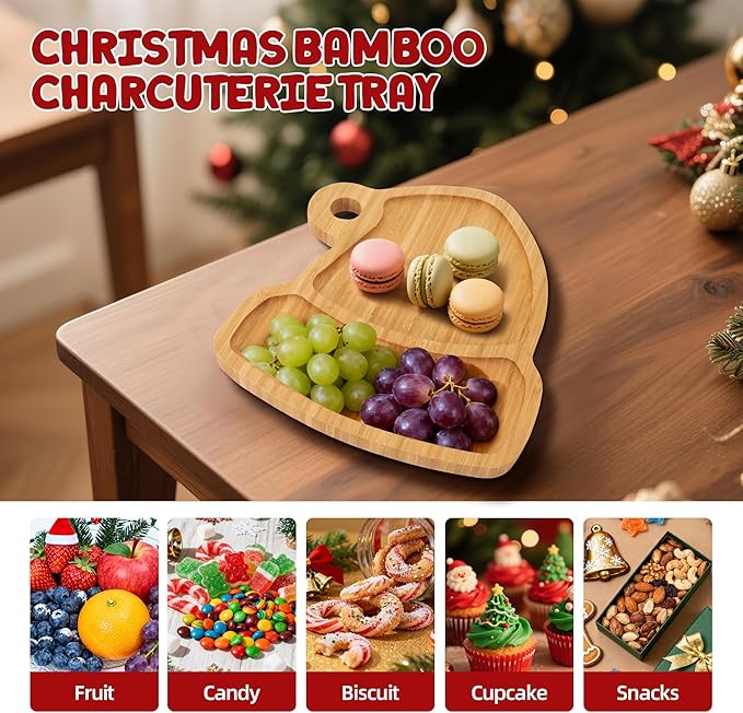 TJ POP Christmas Hat Bamboo Serving Platter - Santa Hat-Shaped Holiday Snack Tray with Hanging Hole, Natural Wood Appetizer Tray Charcuterie Board for Candy, Cookies, Party Decor (10” x 9”)
