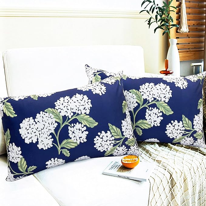 Decorative Throw Pillow Covers Set of 2 Blue Hydrangea Pillow Covers 12x20 inch Super Soft Short Plush Square Floral Throw Pillows,Farmhouse Outdoor Pillow Covers for Couch Living Room