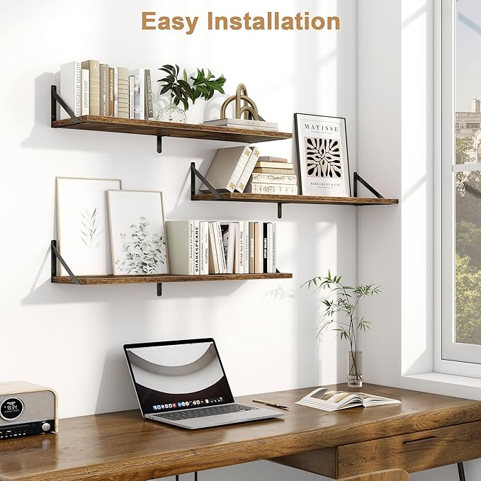 Fun Memories Floating Shelves for Wall, 36 Inches Long Set of 3 Wall Shelves for Bedroom, Floating Bookshelves with Metal Brackets for Living Room, Kitchen, Bedroom and Laundry Room (Rustic Brown)