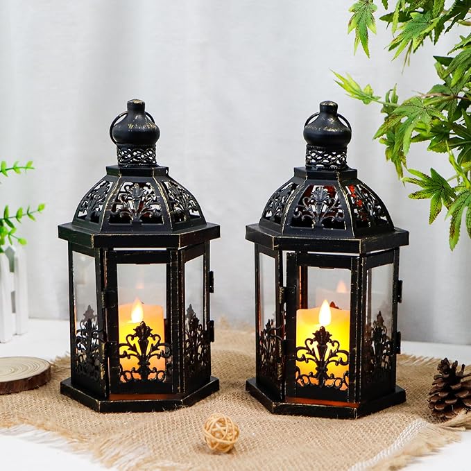 TRIROCKS Set of 2 Vintage Decorative Lanterns 9.5" H Hanging Lantern Metal Candleholder with Tempered Glass for Indoor Outdoor Home Decor Parties Garden Events Wedding(Black with Gold Brush)