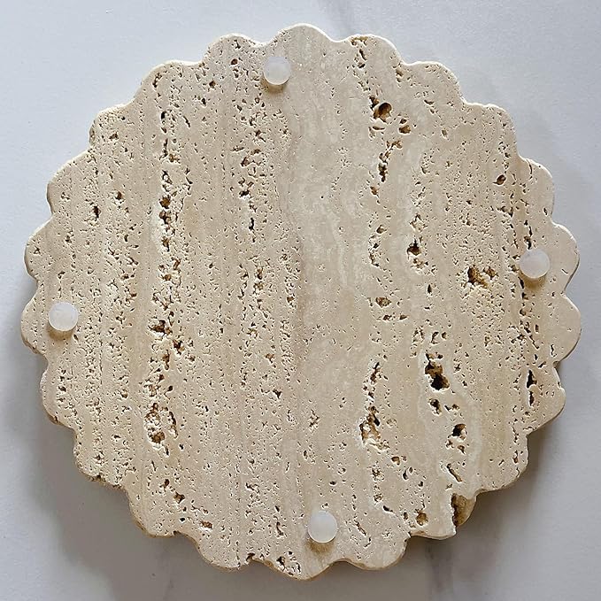 Travertine Marble Tray Round Scalloped Tray Small Serving Platter for Counter, Bathroom, Kitchen, Nightstand, Jewelry Ring Dish Holder (Beige Travertine)