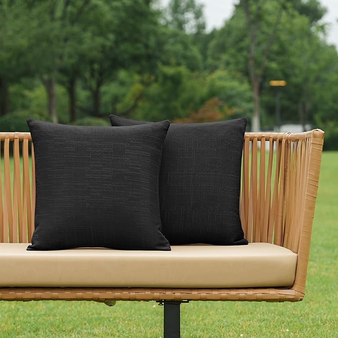 NiNi ALL Pack of 2 Decorative Outdoor Waterproof Pillow Covers Square Garden Linen Textured Cushion Sham Throw Pillowcase Set of 2 for Patio Farmhouse Garden Tent Couch 18x18 Inch Black