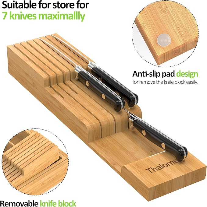 Bamboo Kitchen Drawer Organizer, Expandable Utensil Organizer with Removable Knife Block, Cutlery Tray Holder with Divider, Adjustable Silverware Organizer, Wood Tableware Dividers Storage