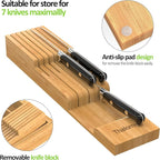 Bamboo Kitchen Drawer Organizer, Expandable Utensil Organizer with Removable Knife Block, Cutlery Tray Holder with Divider, Adjustable Silverware Organizer, Wood Tableware Dividers Storage