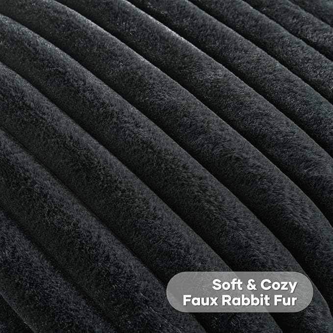 FUTEI Black Striped Decorative Throw Pillow Covers 26x26 Inch Set of 2,Square Winter Decorations Couch Euro Pillow Shams,Soft Cozy Faux Rabbit Fur & Velvet Back,Modern Home Decor for Bed