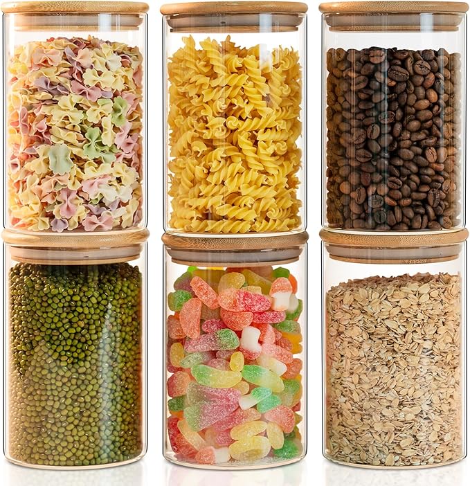 Liuruiyu 50oz Glass Food Storage Jars Set of 6,Glass Storage Containers Clear Glass Food Canister with Bamboo Lid Airtight For Serving Tea, Coffee, Flour, Sugar, Candy, Cookie, Spice and More (Round)