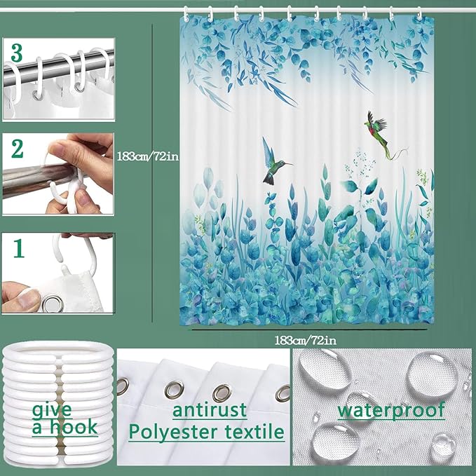 Blue Leaf Shower Curtain, Kingfisher Shower Curtain -72 "W x 72" L with 12 Hooks, Weighted Hem Shower Curtain, Waterproof Bathroom Shower Curtain, Blue Leaf Kingfisher Shower Curtain