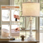 Set of 2 Farmhouse Table Lamps for Living Room, 29.5" Inch Tall Rustic Bedrooms Nightstand Table Lamp with USB-C & USB-A Charging + AC Outlet, Pull Chain Bedside Lamp for End Table, Antique White