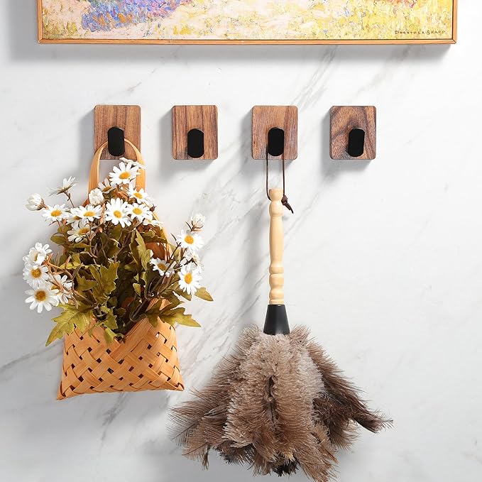 DELITON Rustic Style Hanging Hooks - Adhesive Wood Wall Hooks & Bathroom Decor Towel Hooks & Entrance Decorative Hook, Natural Carbonization