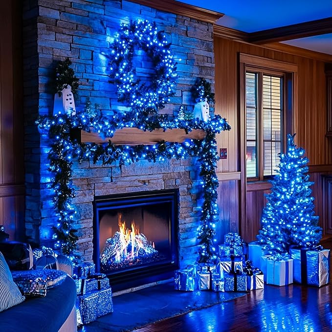 Extra Long 132ft Christmas Decorative Mini Lights, 400 LED Green Wire Fairy Starry String Lights Plug in, Timer & Memory & 8 Modes, for Indoor Outdoor Xmas Tree Wedding Party Decoration,Blue