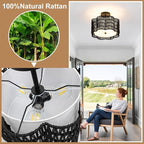 Tbaoinla✿ 13.8＂ Handwoven Rattan 3-Light | Black Boho Flush Mount for Small Bedroom & Nursery, Midnight Blossom Woven Ceiling Light, Natural Fiber Bedroom Fixture, Low Profile Rattan Lighting