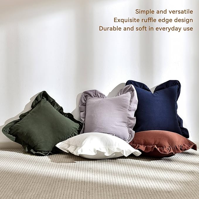 AmHoo Pack of 2 Throw Pillow Covers 100% Cotton Pre Washed Ruffle Decorative Pillowcase Cushion for Couch Sofa Bedroom 18 x 18-Inch Green
