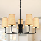 28" Black Boho Rattan Chandelier for Living Room 5-Light Coastal Farmhouse Chandeliers for Dining Room Adjustable Rustic Boho Pendant Light Fixture Bedroom Kitchen Island Entryway Foyer