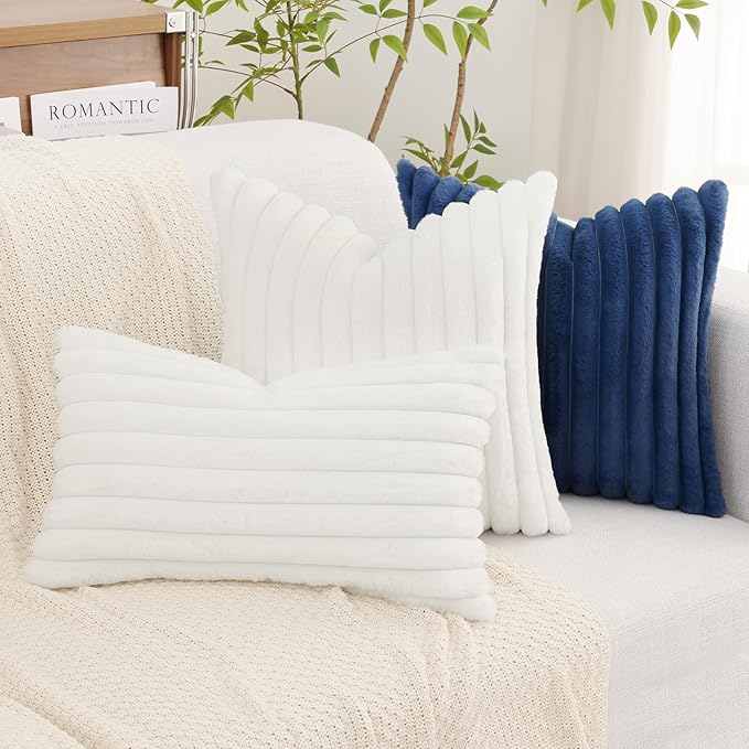 decorUhome Faux Fur Christmas Throw Pillow Covers 18x18 Set of 2, Decorative Soft Plush Striped Neutral Couch Euro Pillow Covers with Velvet Back for Sofa, Bed, Living Room Home Decor, White