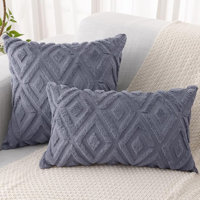 Pallene Blue Grey Throw Pillow Covers 12x20 Set of 2, Soft Plush Faux Fur Decorative Lumbar Couch Pillow Covers for Sofa Bed Living Room Pillow Cases with 3D Diamond Pattern