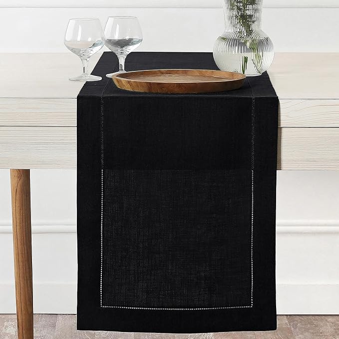 D'Moksha Homes Linen Black Table Runner 36 Inches - 100% Pure Linen Small Table Runner 14 x 36 Inch Ideal for Dresser, Coffee Tables, Fall and Halloween - Classic Hemstitch - Classic Hemstitch