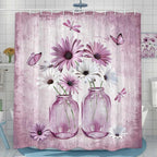 Rustic Farmhouse Pink Floral Shower Curtain, Light Blue Daisy Flowers Butterfly Dragonfly on Abstract Aesthetic Country Wooden Boho Shower Curtain Set, White Bathroom Accessory Sets with Hooks, 36X70