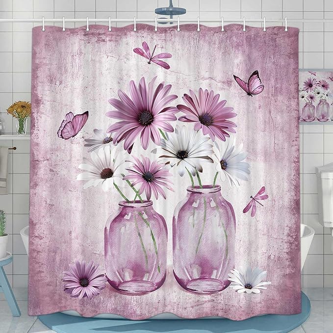 Rustic Farmhouse Pink Floral Shower Curtain, Light Blue Daisy Flowers Butterfly Dragonfly on Abstract Aesthetic Country Wooden Boho Shower Curtain Set, White Bathroom Accessory Sets with Hooks, 70X75